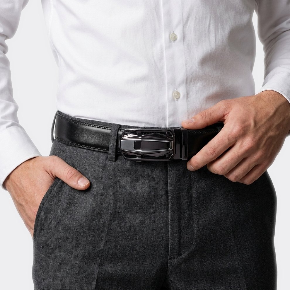 Black Leather Geometric Buckle Belt - Image 2
