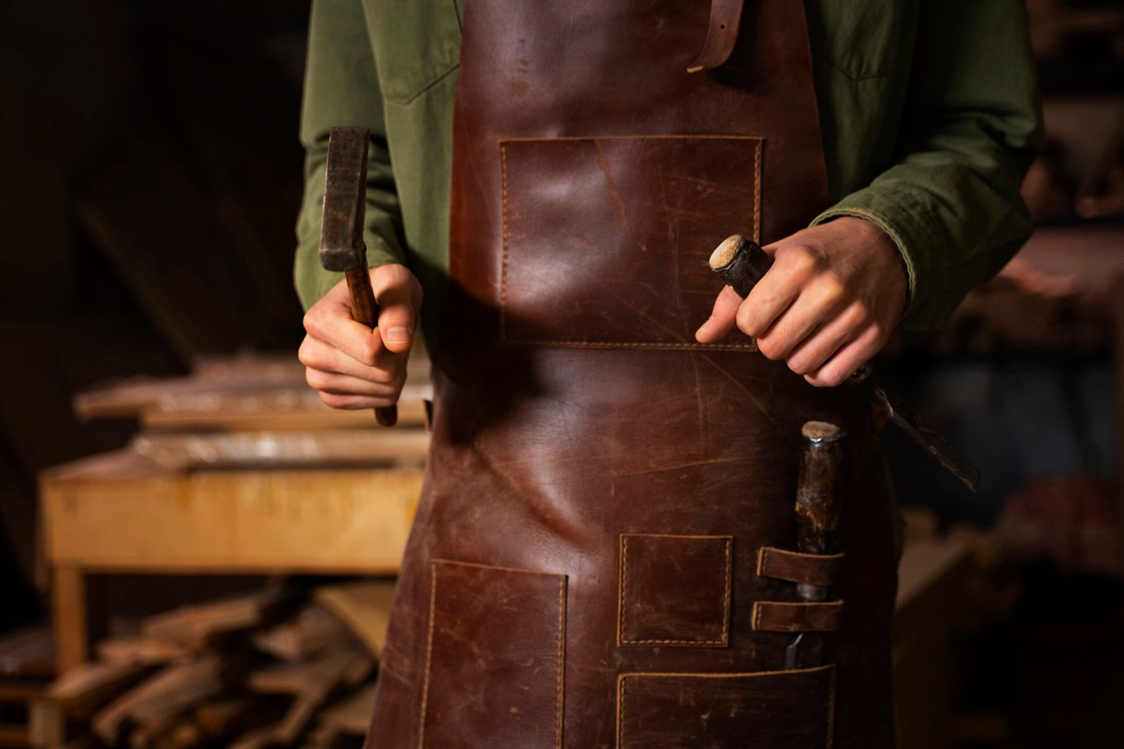 Leather working tools and workshop setting